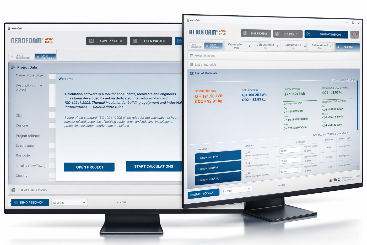 AeroCalc insulation calculation software running on a desktop and laptop